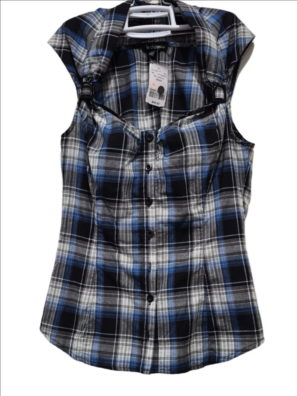 Le Château Blue, White & Gray Plaid Sweetheart Neck Top – NWT